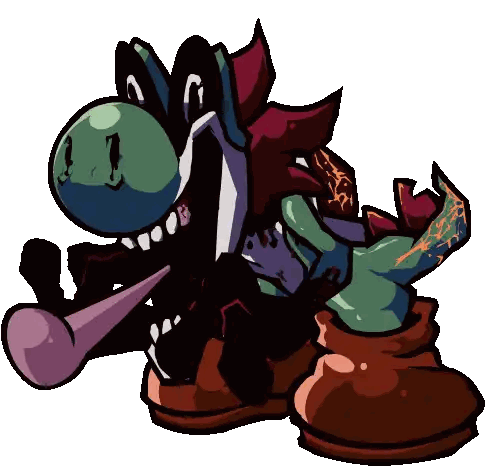 a cartoon drawing of a dinosaur with a purple horn in its mouth