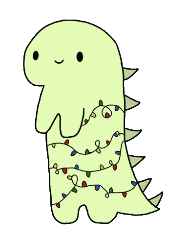 a cartoon drawing of a dinosaur with christmas lights on its tail