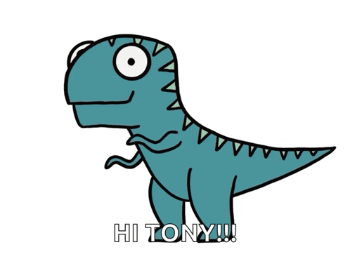 A Cartoon Drawing Of A Dinosaur With The Words Hi Tony GIF