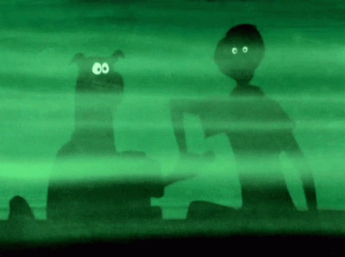 A Cartoon Drawing Of A Dog And A Person With Glowing Eyes GIF