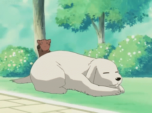 A Cartoon Drawing Of A Dog Laying Down With A Cat On Its Back GIF