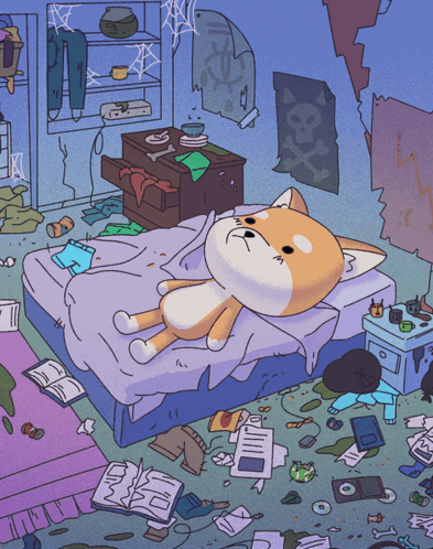A Cartoon Drawing Of A Dog Laying On A Messy Bed GIF