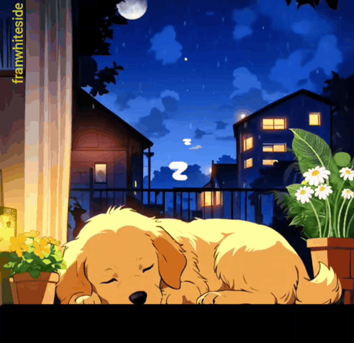A Cartoon Drawing Of A Dog Sleeping On A Balcony With The Words Franwhiteside Below It GIF