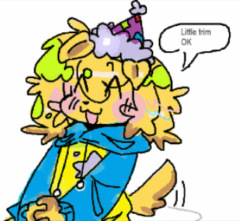 A Cartoon Drawing Of A Dog Wearing A Party Hat And Saying " Little Trim Ok " GIF