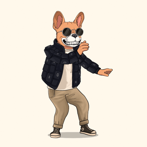 A Cartoon Drawing Of A Dog Wearing Sunglasses And A Jacket With The Letters Z G And B On It GIF
