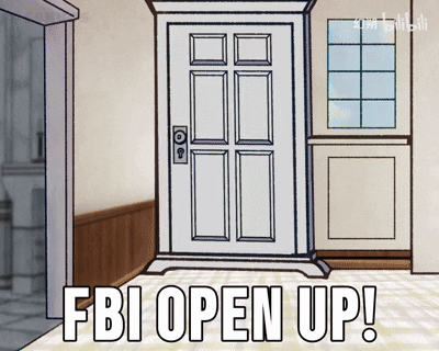 A Cartoon Drawing Of A Door With The Words Fbi Open Up Below It GIF