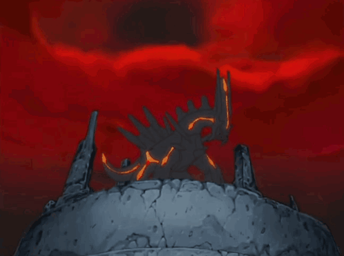 A Cartoon Drawing Of A Dragon Standing On A Rock With A Red Background GIF
