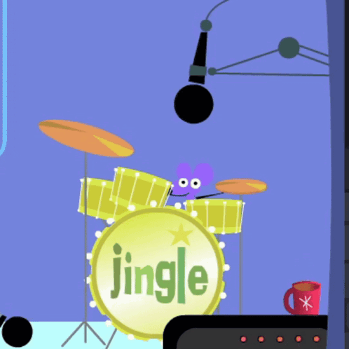 A Cartoon Drawing Of A Drum Set With The Word Jingle On It GIF