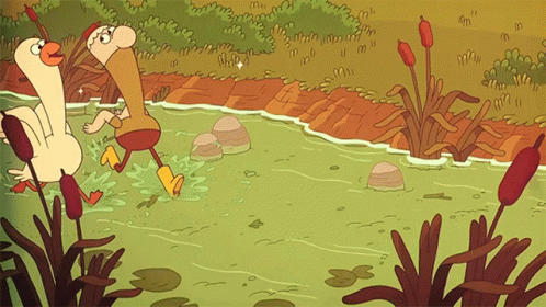 A Cartoon Drawing Of A Duck And A Man Running In A River GIF