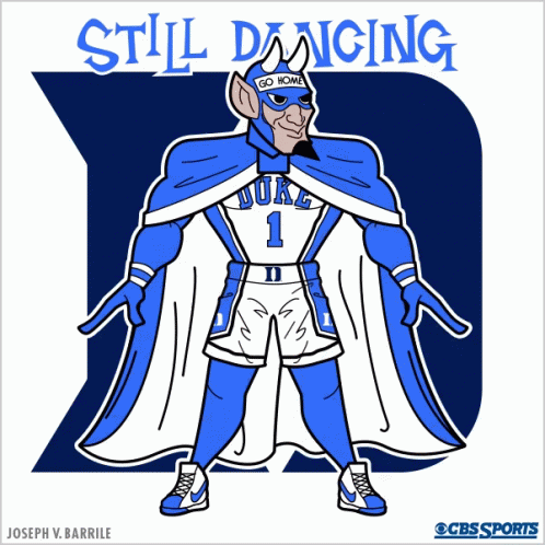 A Cartoon Drawing Of A Duke Basketball Player With The Words Still Dancing Behind Him GIF
