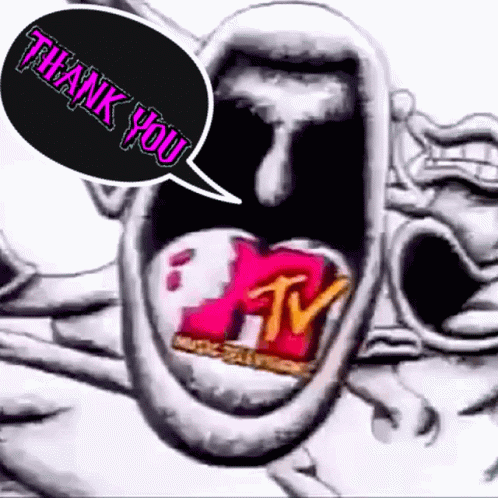 A Cartoon Drawing Of A Face With A Mtv Logo In Its Mouth . GIF