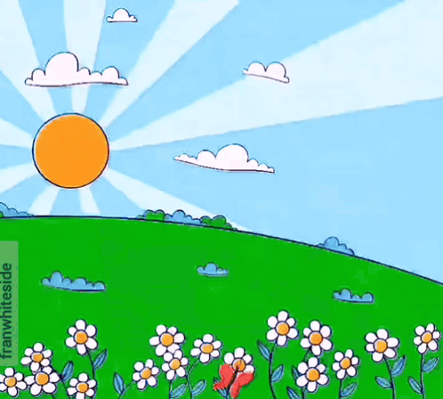 a cartoon drawing of a field of flowers with the sun shining