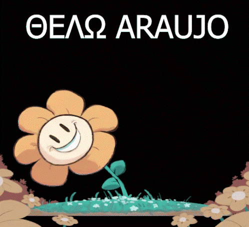 A Cartoon Drawing Of A Flower With A Smiley Face And The Word Araujo In White Letters GIF
