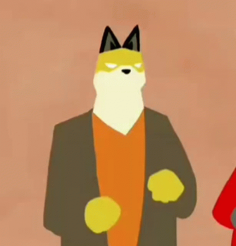 A Cartoon Drawing Of A Fox Wearing A Jacket And Orange Shirt GIF