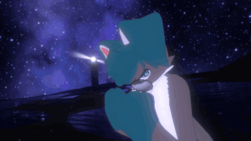 A Cartoon Drawing Of A Fox With Blue Hair And A Lighthouse In The Background GIF