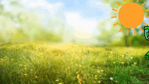 A Cartoon Drawing Of A Frog In A Field With A Sun Behind It GIF
