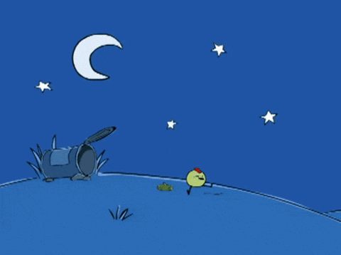 A Cartoon Drawing Of A Frog Looking At A Moon And Stars GIF