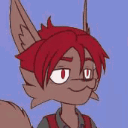 A Cartoon Drawing Of A Furry Character With Red Hair And A Blue Background . GIF
