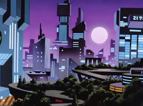 A Cartoon Drawing Of A Futuristic City At Night With A Sign That Says " Exit " GIF