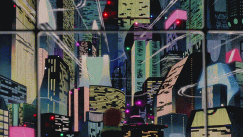 A Cartoon Drawing Of A Futuristic City With Chinese Writing GIF