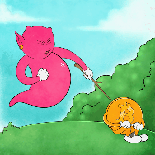 a cartoon drawing of a ghost holding a stick and a coin with the letter b on it
