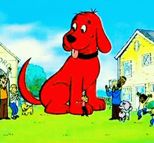 A Cartoon Drawing Of A Giant Red Dog Sitting In Front Of A Building That Says Ford GIF