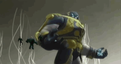 A Cartoon Drawing Of A Giant Robot With A Blue Light Coming Out Of His Hand GIF