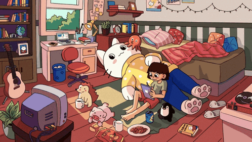 A Cartoon Drawing Of A Girl And A Cat In A Messy Bedroom GIF