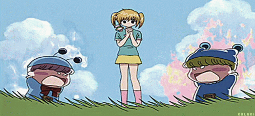 A Cartoon Drawing Of A Girl And Two Boys With The Word Kuluki On The Bottom Left GIF