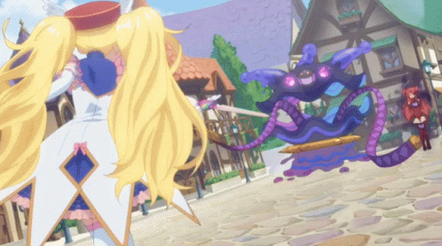 A Cartoon Drawing Of A Girl Fighting A Monster With A Sword GIF