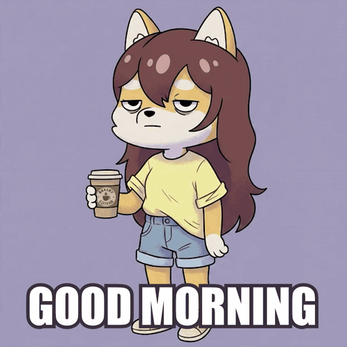 A Cartoon Drawing Of A Girl Holding A Cup Of Coffee And The Words Good Morning GIF