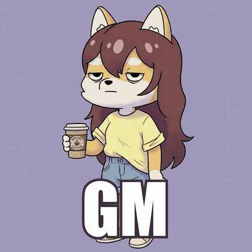 A Cartoon Drawing Of A Girl Holding A Cup Of Coffee With The Word Gm Above Her GIF