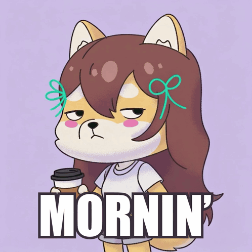 A Cartoon Drawing Of A Girl Holding A Cup Of Coffee With The Word Mornin Written Below Her GIF
