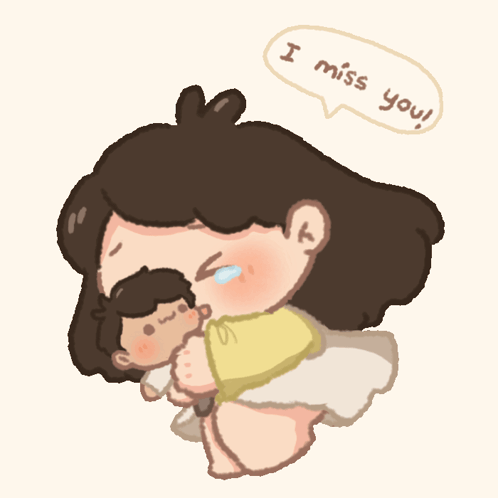 A Cartoon Drawing Of A Girl Holding A Doll And Saying I Miss You GIF
