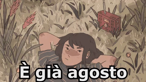 A Cartoon Drawing Of A Girl Laying In The Grass With The Words E Gia Agosto Written Below Her GIF