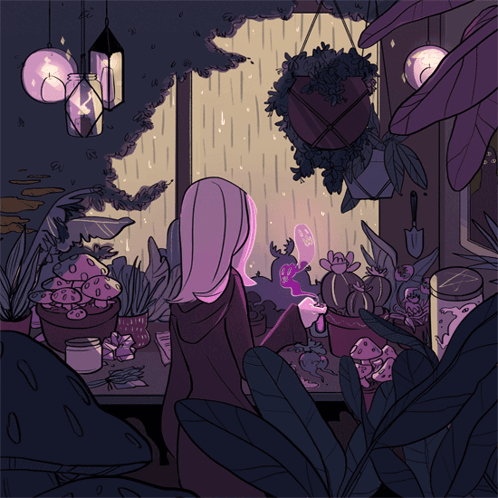 A Cartoon Drawing Of A Girl Looking Out A Window With Plants In Pots GIF