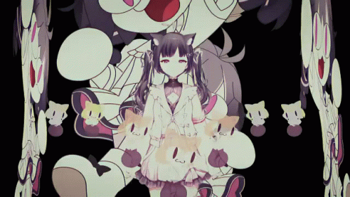 A Cartoon Drawing Of A Girl Surrounded By Cats With A Black Background GIF