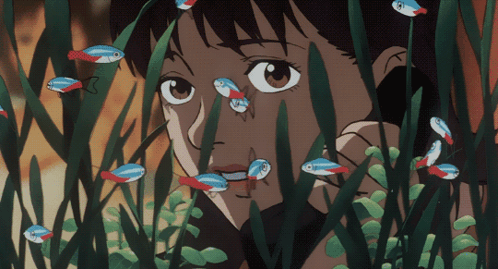 A Cartoon Drawing Of A Girl Surrounded By Fish And Plants GIF