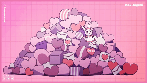 A Cartoon Drawing Of A Girl Surrounded By Hearts With The Name Amu Aigami At The Bottom GIF