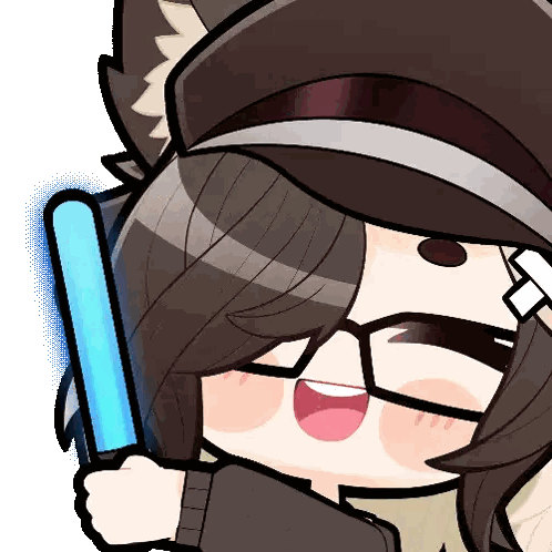 a cartoon drawing of a girl wearing glasses and a hat holding a blue light stick