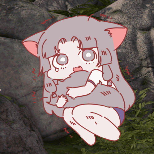 A Cartoon Drawing Of A Girl With A Cat Ear Holding A Cat GIF