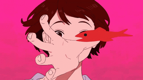 A Cartoon Drawing Of A Girl With A Fish In Her Mouth GIF