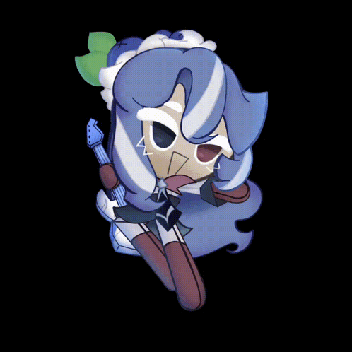 a cartoon drawing of a girl with blue hair and a guitar