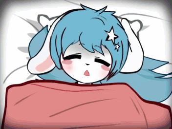 a cartoon drawing of a girl with blue hair and white ears laying in bed