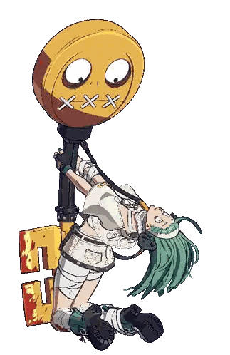 a cartoon drawing of a girl with green hair holding a yellow object with a smiley face on it