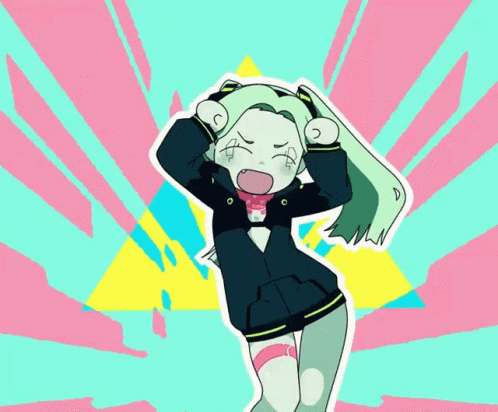 A Cartoon Drawing Of A Girl With Long Green Hair And A Triangle In The Background GIF