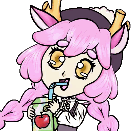 a cartoon drawing of a girl with pink hair drinking an apple juice