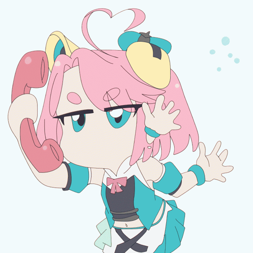 a cartoon drawing of a girl with pink hair holding a telephone
