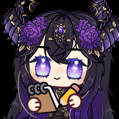 A Cartoon Drawing Of A Girl With Purple Flowers On Her Head Holding A Book And A Pencil GIF