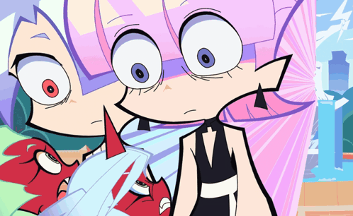 A Cartoon Drawing Of A Girl With Purple Hair And Red Horns GIF